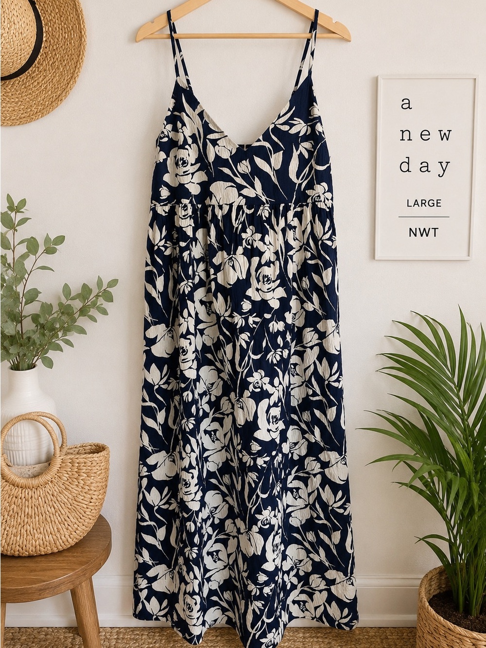 A New Day Navy Floral Midi Dress Large NWT Adjustable Straps Smocked Back